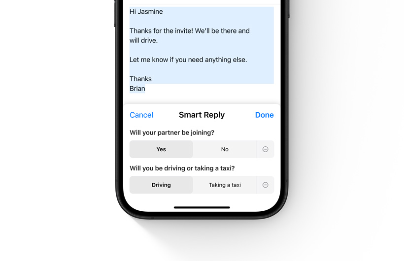 Smart Reply options in the Mail app are shown on an iPhone.