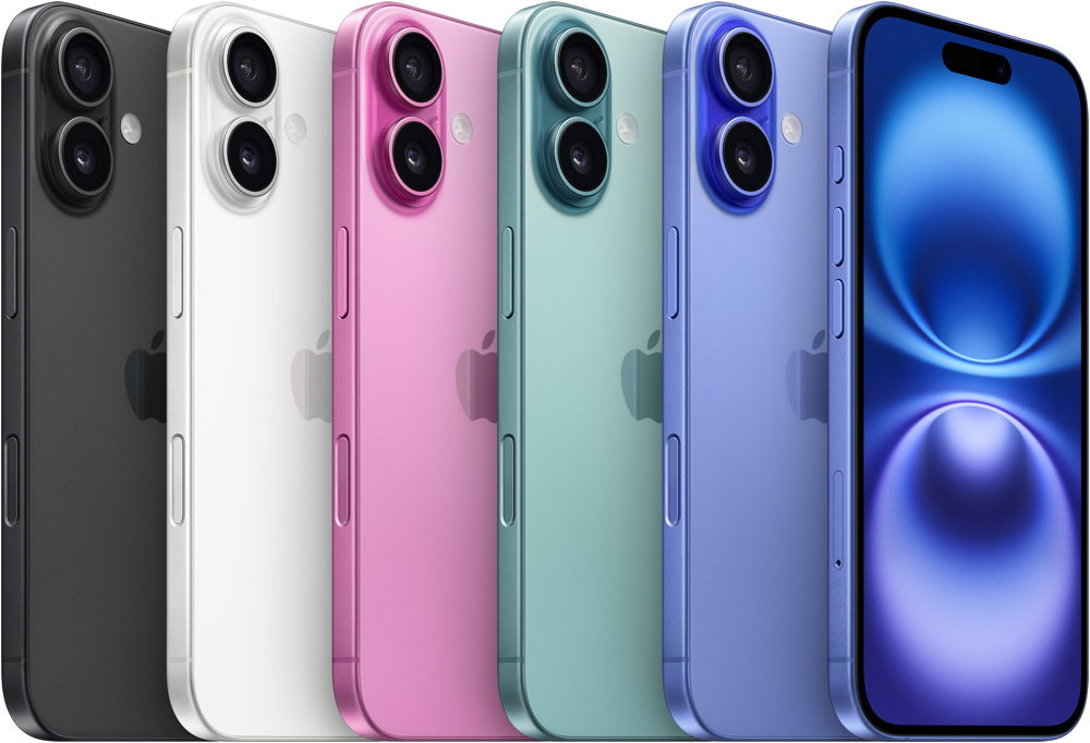 Back view of iPhone 16, all five finishes, Black, White, Pink, Teal, Ultramarine and front view of iPhone 16 in Ultramarine