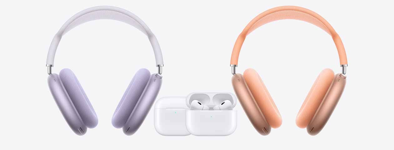 AirPods Max on left and right with AirPods 4 and AirPods Pro 2 in the center.