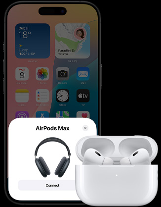 An open charging case with AirPods 4 inside, next to an iPhone showing that AirPods 4 have been connected.