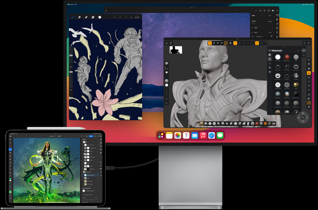 جهاز iPad Pro مثبت على لوحة مفاتيح ماجيك في الوضع الأفقي، متصل بشاشة خارجية، ويتم تعديل الصور على كليهما