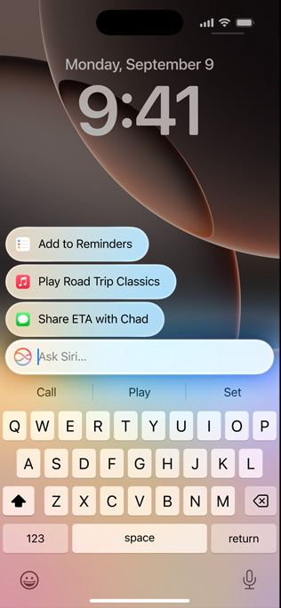 جهاز iPhone 16 Pro يعرض Siri بتصميمه الجديد مع إمكانية الكتابة إلى Siri.