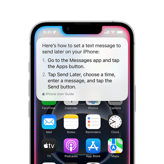 iPhone 16e يعرض نافذة نصية منبثقة من Siri تحتوي على تعلميات عن كيفية إعداد رسالة نصية لإرسالها لاحقاً.