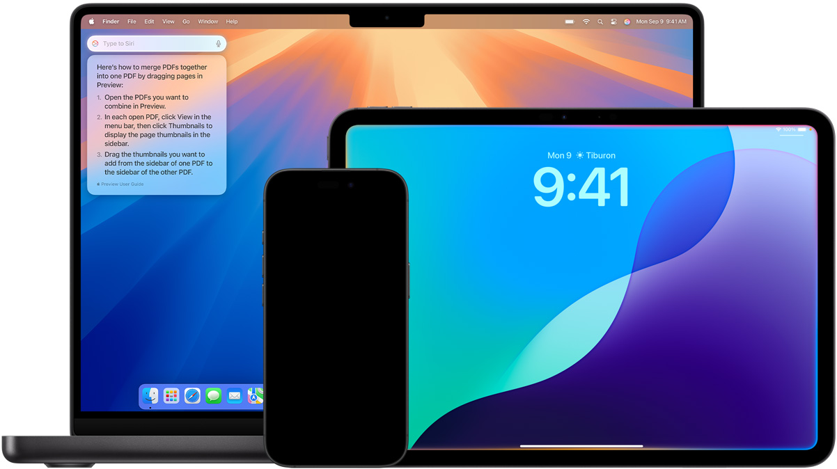 Mac、iPad 和 iPhone 顯示由 Apple Intelligence 驅動的全新 Siri 功能。
