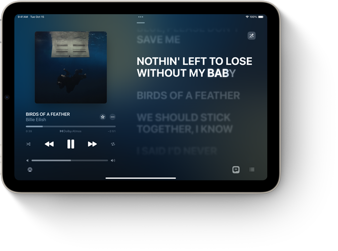 橫放的 iPad mini，畫面是 Apple Music 顯示的歌詞。