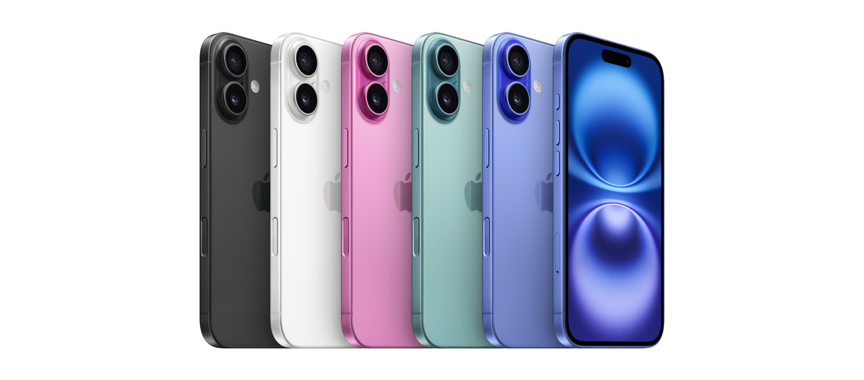 iPhone 16 全部五款外觀的背面,包括黑色、白色、粉紅色、湖水綠色和群青色,以及群青色 iPhone 16 的正面