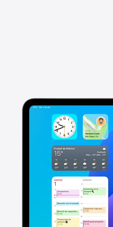 Funcionalidad VoiceOver en la pantalla de un iPad Pro que muestra el widget de la app Clima con la salida de audio: “Clima, Ciudad de México 15 grados”