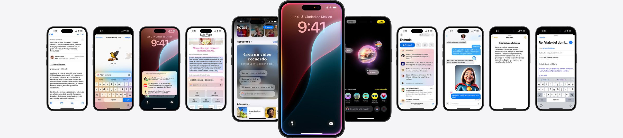 Imagen estática de varios iPhone que muestran funcionalidades de Apple Intelligence.