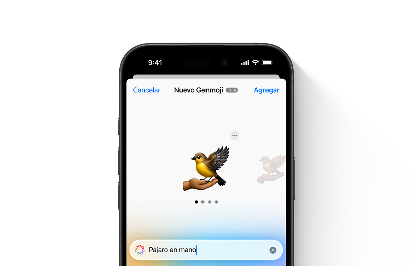 Vista previa de un Genmoji personalizado según la descripción "pájaro en mano"