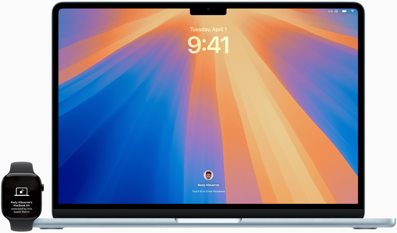 Un Apple Watch al lado de una laptop Mac abierta que muestra la posibilidad de iniciar sesión en una Mac con la funcionalidad de desbloqueo automático del Apple Watch.