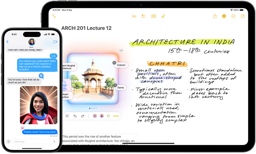 Custom images are shown in the Messages app and the Image Wand feature in Notes is shown on an iPad.