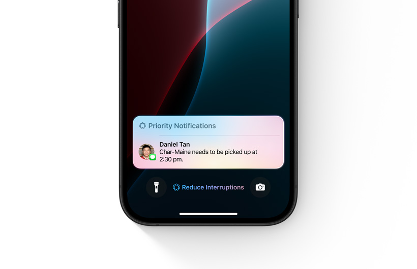 iPhone with Reduce Interruptions Focus enabled shows a single notification marked “maybe important”.