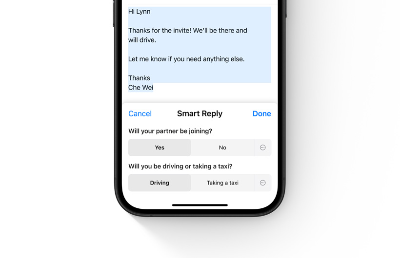Smart Reply options in the Mail app are shown on an iPhone.