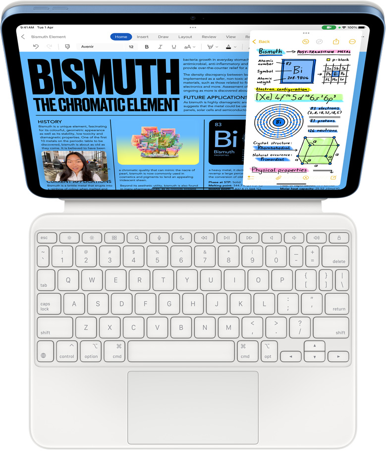 iPad attached to Magic Keyboard Folio, screen displaying Slide Over with Microsoft Word and Notes, FaceTime call is happening simultaneously.
