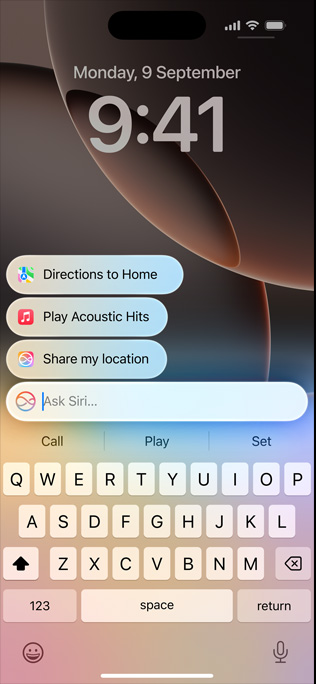 iPhone 16 Pro displaying redesigned Siri and Type to Siri capability.