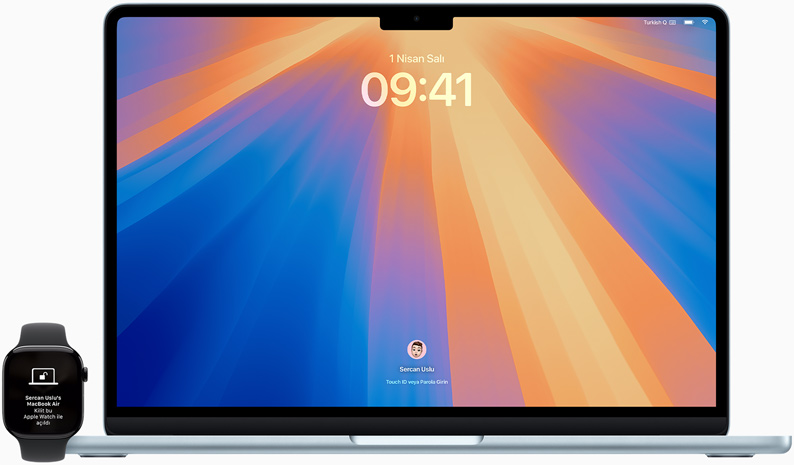 Apple Watch ve yanında kapağı açık Mac laptop, Apple Watch’taki Otomatik Kilit Açma özelliğiyle Mac’te nasıl oturum açılacağı gösteriliyor