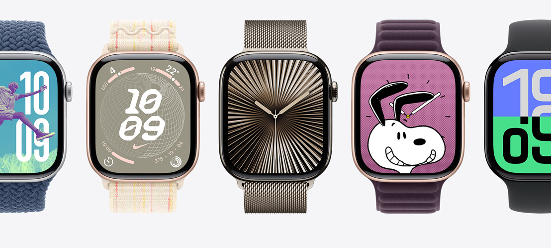 Beş adet Apple Watch ekranı. Fotoğraflar, Nike Globe, Yansımalar, Snoopy ve Devinim kadranları.