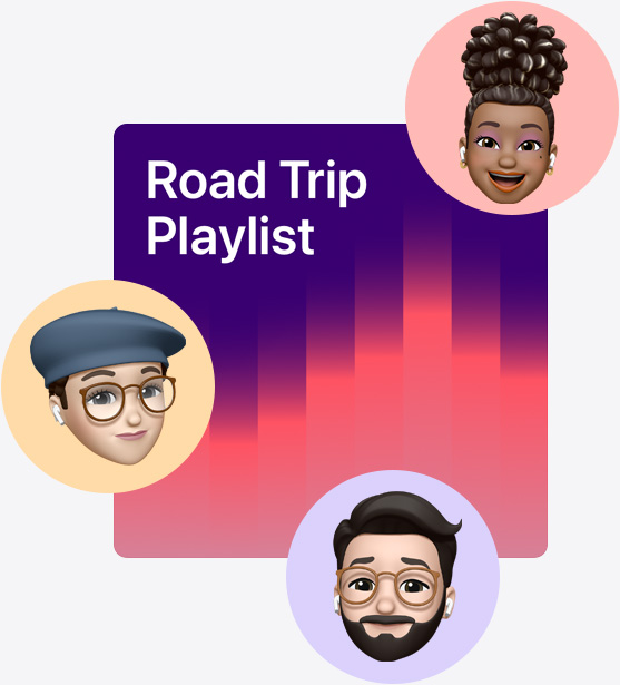 名為 Road Trip Playlist 的合作歌單封面插圖,旁邊有幾個 Memoji