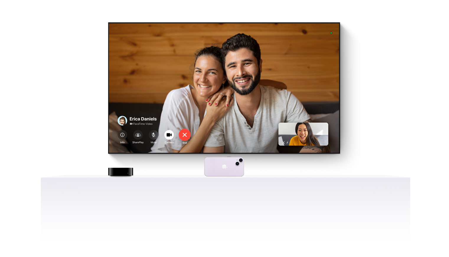Apple TV 4K 與 iPhone 配合運作,將 FaceTime 帶到平面電視上