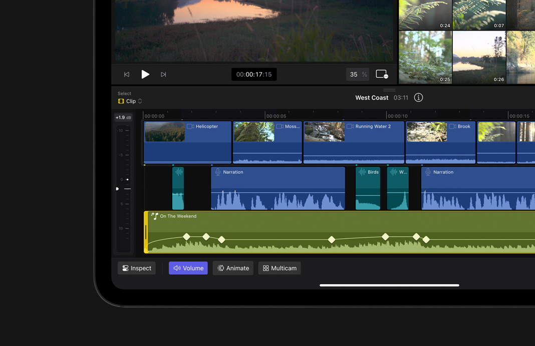 在 iPad Pro 的 iPad 版 Final Cut Pro，展示已設定關鍵影格的動畫影片。