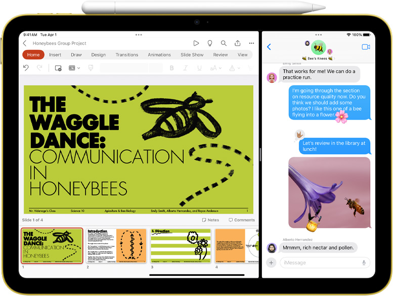 iPad 螢幕分割顯示 Powerpoint 和訊息 app,同時 Apple Pencil 以磁力貼合在裝置上。