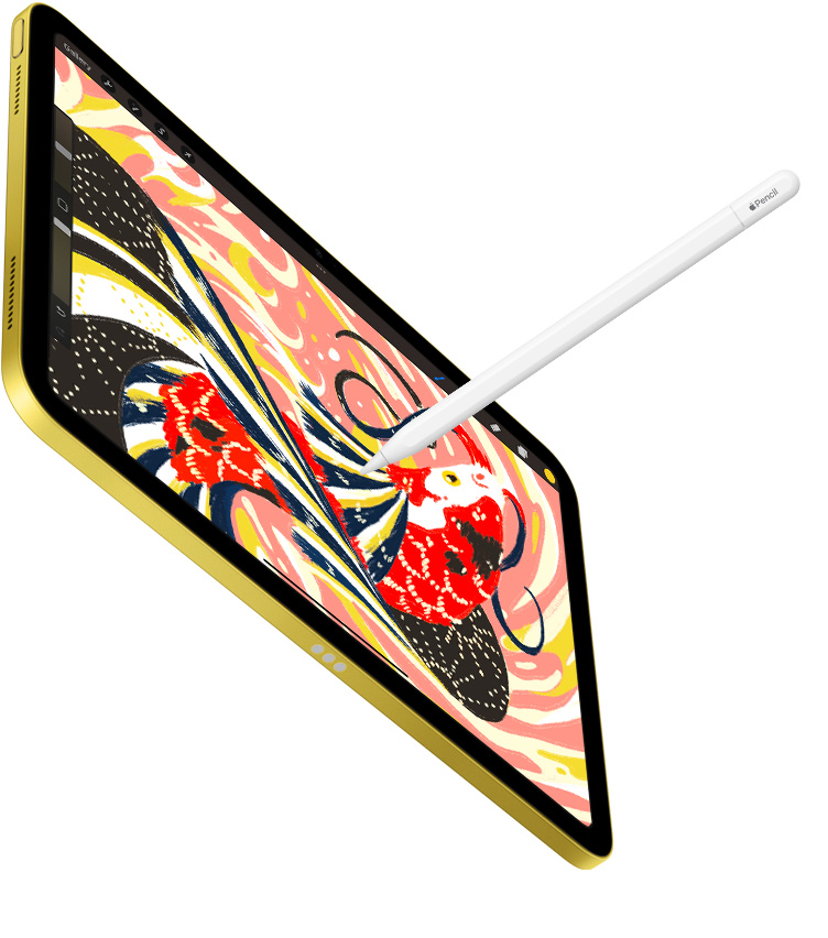 iPad 顯示 Procreate app 上一幅色彩鮮艷的魚插畫,Apple Pencil 正在 iPad 上繪畫