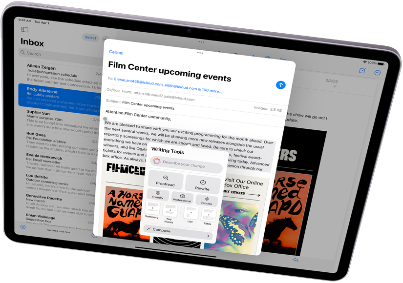 橫向的 iPad Air 展示 Apple Intelligence 配搭書寫工具和郵件 app