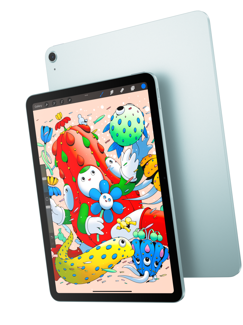 展示 11 吋 iPad Air 的正面,螢幕顯示 Procreate,與背靠著的藍色 iPad Air 背面機身位置重疊