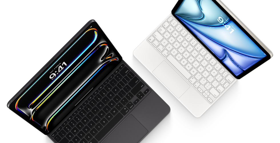 Top down view of iPad Pro attached to  Magic Keyboard for iPad Pro in black and iPad Air attached to Magic Keyboard in white.
