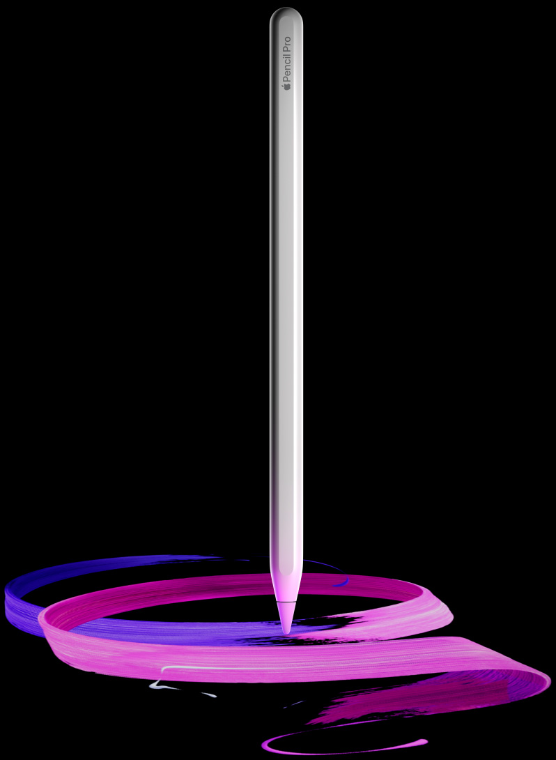 قلم Apple Pro، أبيض، يظهر النقش عبارة Apple Pencil Pro، وكلمة Apple ممثلة بشعار Apple