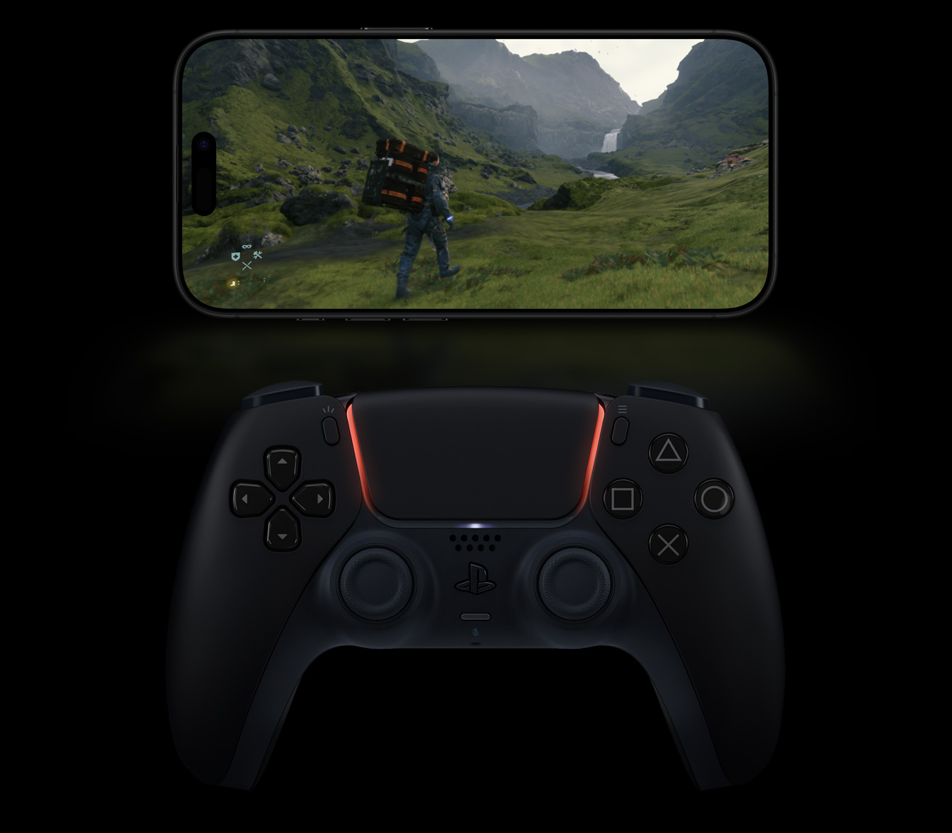 تشغيل لعبة Death Stranding Director's Cut على iPhone 16 Pro من تيتانيوم أسود، مع وحدة لاسلكية للتحكم في الألعاب