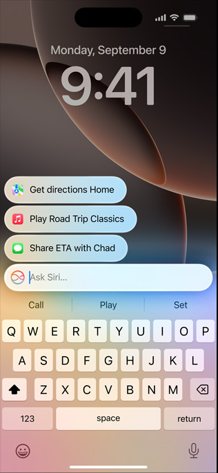 iPhone 16 Pro 展示經重新設計的 Siri 及「輸入以使用 Siri」功能。