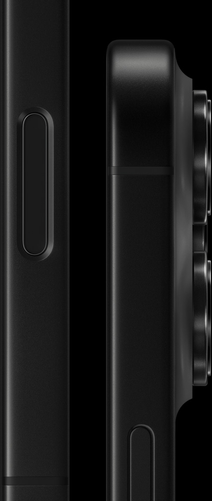 iPhone 16 Pro 的機身側面,黑色鈦金屬外觀,展示相機控制按鈕及凸起的 Pro 相機系統