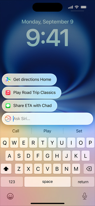 iPhone 展示經重新設計的 Siri 及「輸入以使用 Siri」功能。