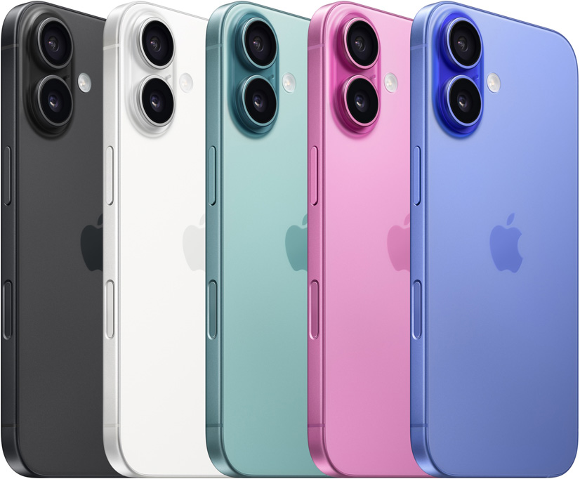 iPhone 16 全部五款外觀的背面，包括黑色、白色、湖水綠色、粉紅色和群青色