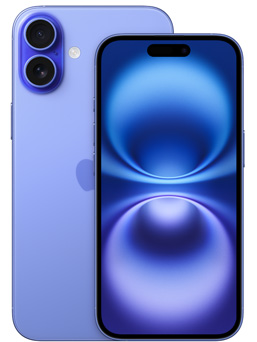 群青色 iPhone 16 正面，以及 iPhone 16 Plus 背面的一部分，展示相機。
