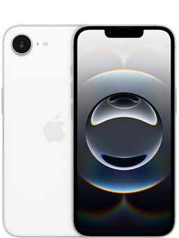 白色 iPhone 16e 正面，以及 iPhone 16e 背面的一部分，展示相機。