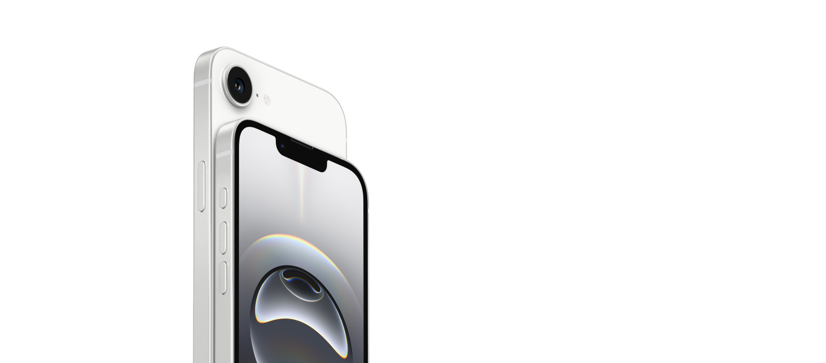 iPhone 16e 正面的一部分展示 Retina 顯示器，以及 iPhone 16e 背面展示相機。