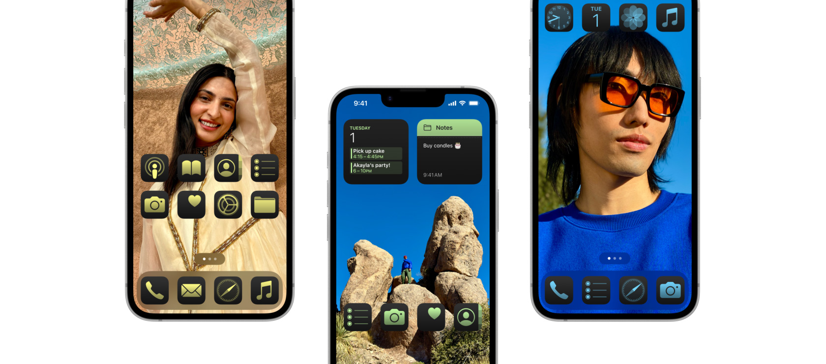 三部 iPhone 16e 的一部分，每部的自訂主畫面各有不同。