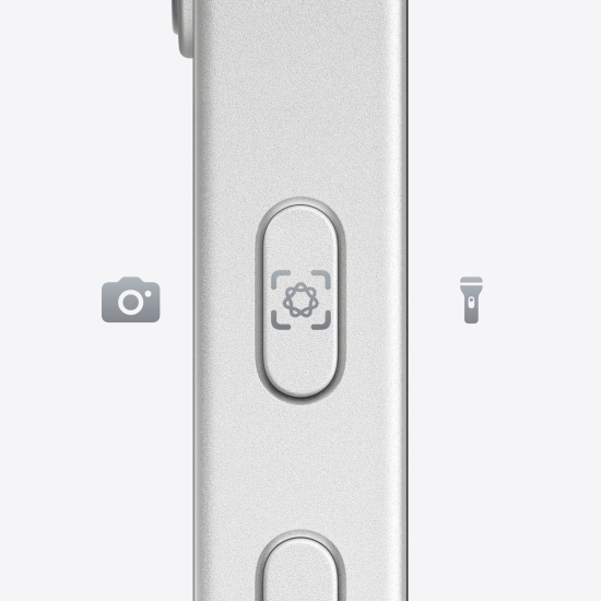白色 iPhone 16e 側面的動作按鈕。