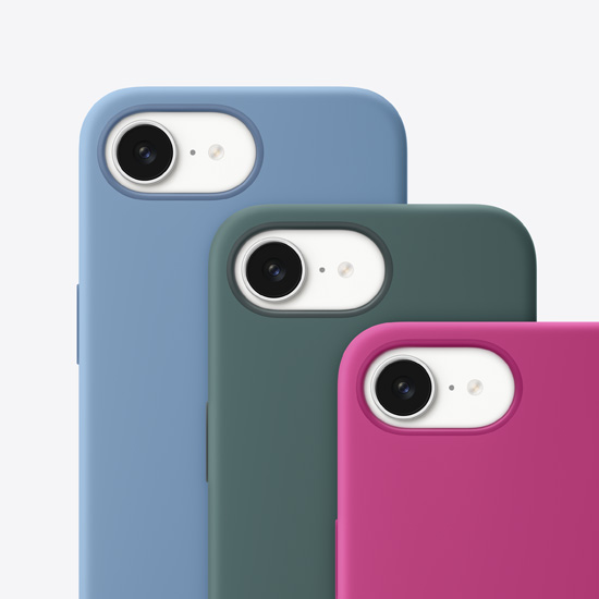 冬日藍色、湖畔綠色和吊鐘紫色的 iPhone 16e 矽膠護殼背面。