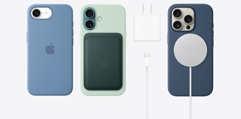 Un iPhone 16e y la línea de iPhone 16 con varios accesorios, como fundas de silicona. Adaptador de corriente USB-C de 20 W, cable de carga USB-C de 60 W y cargador MagSafe.