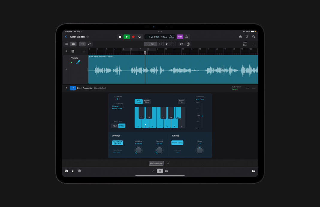 iPad 版 Logic Pro 的 Pitch Correction 用户介面。
