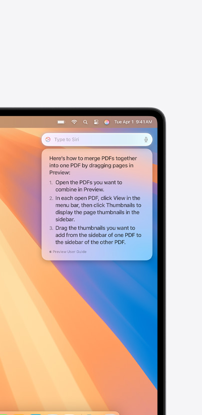 Text pop-up from Siri with information user was seeking about merging multiple PDFs.