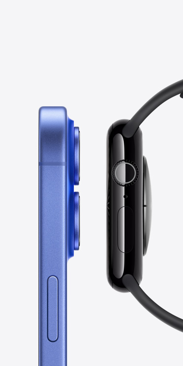 iPhone 16 和 Apple Watch Series 10 並排的側面圖。