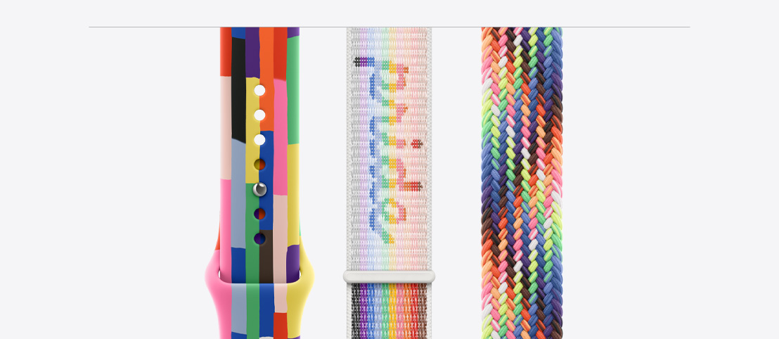 Pride Edition 運動錶帶，設計呈現六條彩虹般色彩繽紛的實色長條子，條子的的邊緣略帶不平整，採用順滑的 fluoroelastomer，配以收入式鈕扣。Pride Edition 運動手環，配備魔術貼扣，織面上織有 pride 字樣。Pride Edition 編織單圈手環，編織設計閃耀多彩的霓虹光輝，用色靈感源自亮麗的彩虹旗