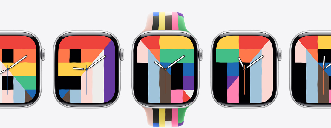 畫面上展示多隻 Apple Watch Series 10 手錶，在 Pride 和諧錶面上，以彩虹及其他色彩的長方形、三角形和梯形圖案組合成數字以顯示鐘點。中間的錶面連接著相襯的 Pride Edition 運動錶帶，設計呈現六條彩虹般色彩繽紛的實色長條子，條子的的邊緣略帶不平整