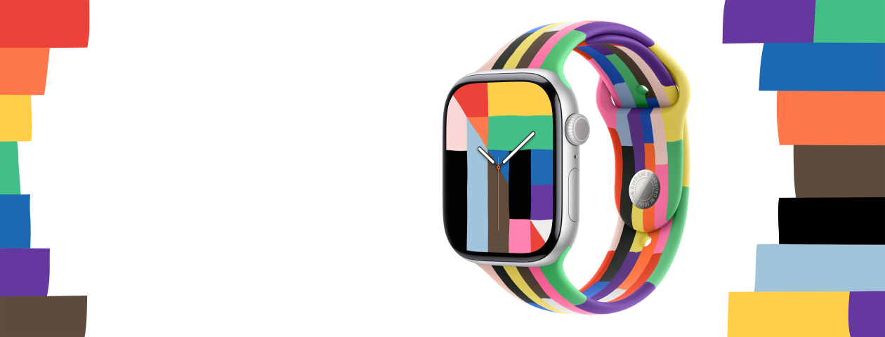 展示 Apple Watch Series 10 、銀色鋁金屬錶殼、數碼錶冠、Pride 和諧錶面；錶面上的指針顯示時間，並以彩虹及其他色彩的長方形、三角形和梯形圖案組成數字 10。配搭 Pride Edition 運動錶帶，設計呈現六條彩虹般色彩繽紛的長條子，條子之間的小長方形以不平整的邊緣接合。而畫面的兩側也展示了彩虹色、長短不一的條子圖案，圍繞著手錶