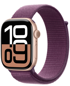 Apple Watch Series 10 玫瑰金色鋁金屬錶殼配布冧紫色運動手環錶帶。