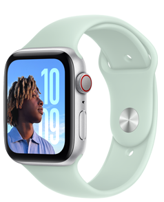 Apple Watch SE 銀色鋁金屬錶殼配碧藍色 (淺藍色/綠色) 運動錶帶。